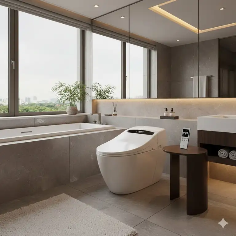 A modern luxury bathroom featuring a smart bidet with a built-in bidet water heater for adjustable temperature settings.