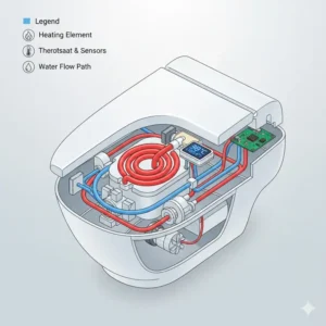 A technical diagram showing the heating element and thermostat inside a bidet water heater unit.