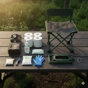 An organized toilet kit camping set featuring a folding seat, waste bags, and hand sanitizer on a wooden table.