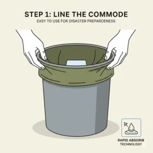 An instructional drawing showing how to properly line a portable bucket with emergency toilet bags.