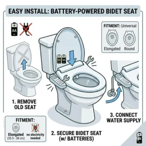 Illustration showing the simple DIY installation process of a battery operated bidet toilet seat.