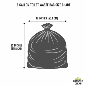 Detailed size chart showing the height and width dimensions of 8 gallon toilet waste bags.