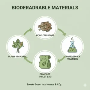 Infographic showing plant-based materials used to make compost toilet bags.