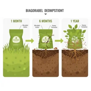 Diagram showing the natural soil decomposition process of biodegradable human poop bags over one year.
