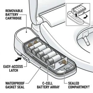 Close-up diagram of the waterproof battery compartment on a battery operated bidet toilet seat.