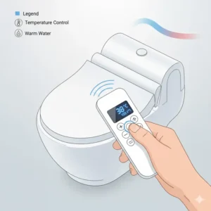 An illustration of a remote control adjusting the warm water settings on an electronic bidet water heater.
