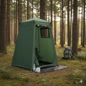 A tall pop-up privacy shelter designed for a toilet kit camping experience in the woods.