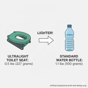 A weight comparison diagram featuring an ultralight backpacking toilet seat next to a water bottle.