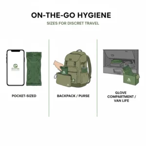 Comparison of biodegradable human poop bags size against a smartphone to show portability.