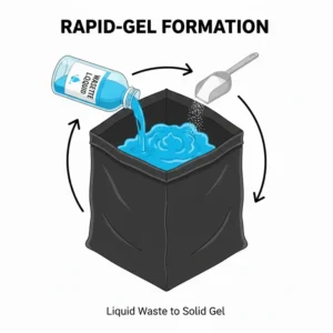 Diagram showing the chemical reaction when using portable toilet bags and absorbent powder to solidify waste.