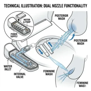 Technical illustration of the dual nozzle system in a battery operated bidet toilet seat.