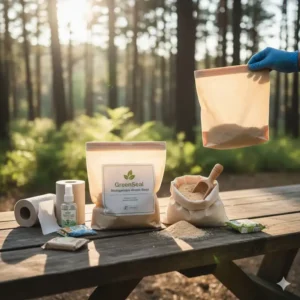 Close-up of eco-friendly biodegradable waste bags and absorbent powder for a toilet kit camping system.