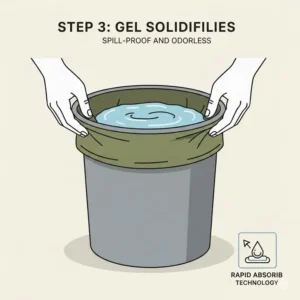 A visual comparison showing how emergency toilet bags fold down to a compact size for easy storage.