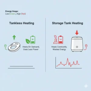 A graphic comparing energy usage of tankless bidet water heater versus traditional storage tanks.