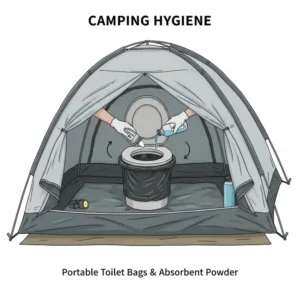 A camping tent interior equipped with a waste management system using portable toilet bags and absorbent powder.