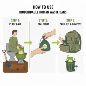 Three-step instructional guide on how to properly seal and dispose of biodegradable human poop bags.