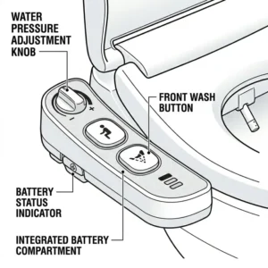 Side view of a battery operated bidet toilet seat showcasing the intuitive control buttons.