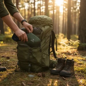 A person packing a lightweight and portable toilet kit camping bag into a hiking backpack.