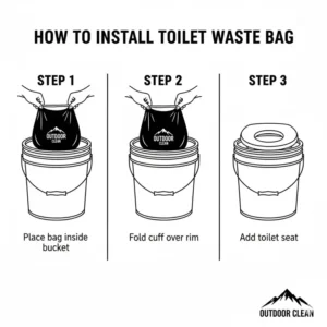 Step-by-step diagram showing how to properly install and line a bucket with 8 gallon toilet waste bags.