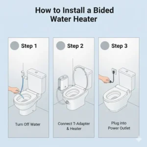 A step-by-step illustration showing how to install bidet water heater to existing bathroom plumbing.