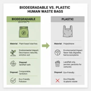 Infographic comparing environmental impact of plastic liners versus biodegradable human poop bags.