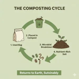 The environmental cycle of how compost toilet bags turn into rich soil.
