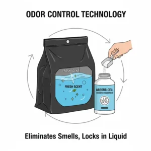Illustration highlighting the odor-neutralizing technology of portable toilet bags and absorbent powder.