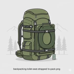 Illustration of a slim-profile backpacking toilet seat strapped securely to a hiking pack.