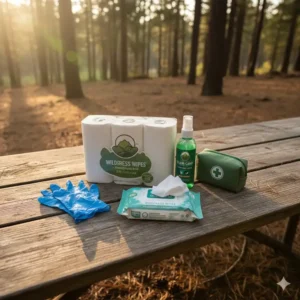 Essential hygiene supplies including toilet paper and disinfectant wipes for a toilet kit camping kit.