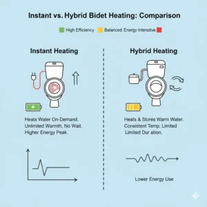 A side-by-side comparison chart of instant heating and hybrid bidet water heater technologies.