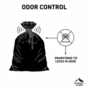 Illustration of 8 gallon toilet waste bags with a secure drawstring tie for superior odor control.