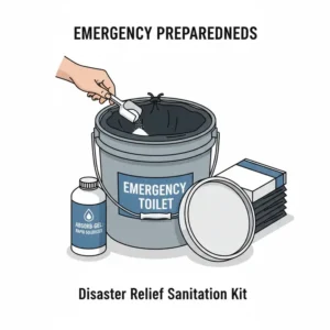 An emergency survival kit that includes a bucket toilet, portable toilet bags and absorbent powder.