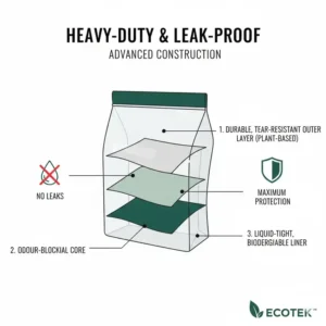 Technical drawing showing the heavy-duty and leak-proof layer construction of biodegradable human poop bags.