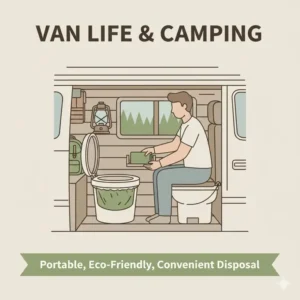 A person setting up a portable toilet with compost toilet bags inside a van.