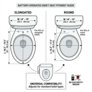 Diagram illustrating how a battery operated bidet toilet seat fits both elongated and round bowls.