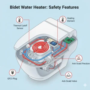 An illustration highlighting thermal safety sensors and anti-scald protection in a bidet water heater.
