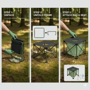 Step-by-step illustration showing how to unfold and prepare a folding chair for a toilet kit camping setup.