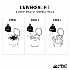 Universal fit illustration showing 8 gallon toilet waste bags compatible with various portable toilet brands.