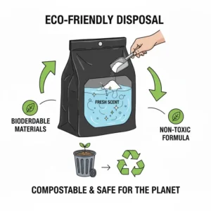 Visual representation of the biodegradable materials used in portable toilet bags and absorbent powder.