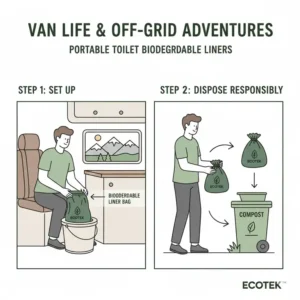 Illustration of a portable toilet setup using biodegradable human poop bags for off-grid van life.