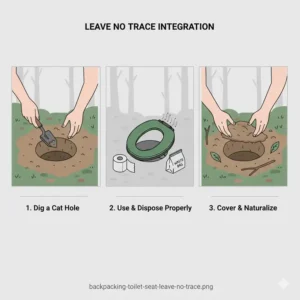 An educational illustration about using a backpacking toilet seat for Leave No Trace integration.