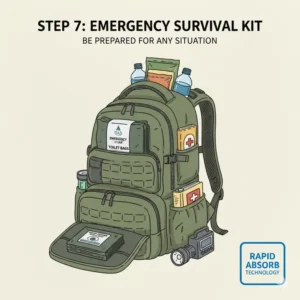 Illustration of a car trunk organizer containing emergency toilet bags for long road trips and travel.