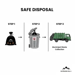 Safe disposal process for securely tied 8 gallon toilet waste bags in a waste collection bin