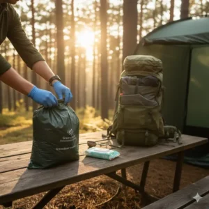 A person wearing gloves while safely sealing a waste bag from a toilet kit camping set for disposal.