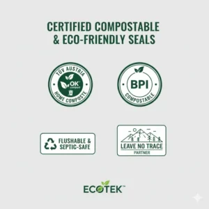 Official compostable certification seals and eco-friendly labels for biodegradable human poop bags.