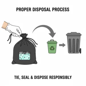 Step-by-step guide on how to safely seal and dispose of portable toilet bags and absorbent powder after use.