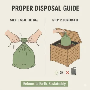 Steps for tying and placing compost toilet bags into a composting bin.