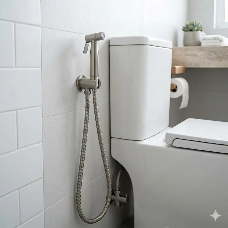 Modern bathroom setup featuring the best handheld bidet sprayer mounted on the wall.