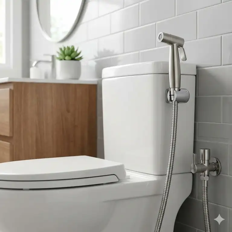 A professional lifestyle photograph of a top-rated, stainless steel best handheld bidet sprayer for toilet installed and mounted next to a modern toilet.