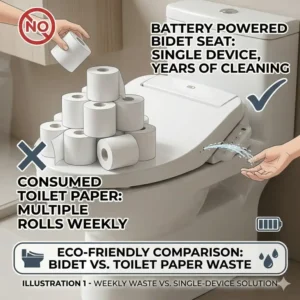 An eco-friendly comparison showing the benefits of using a battery powered bidet seat over toilet paper.